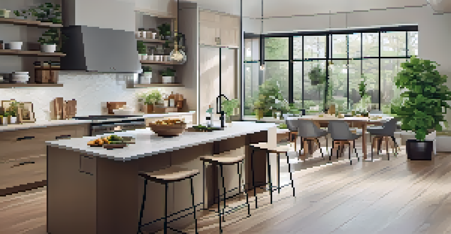 A modern kitchen with neutral colors, spacious island, and bright lighting, featuring fresh herbs on the countertop.