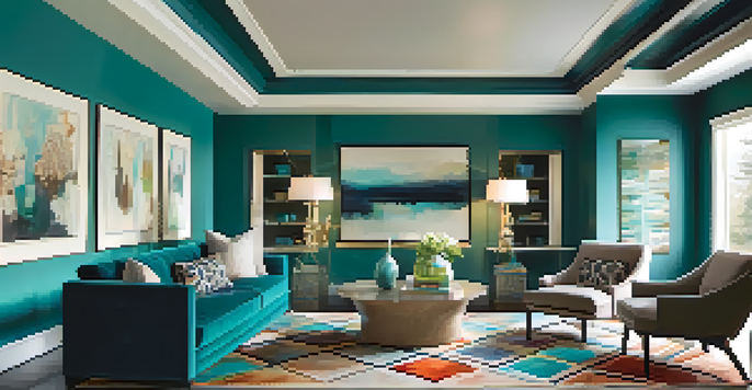 A modern living room with a vibrant teal statement ceiling and beige walls, showcasing stylish furniture and natural light.