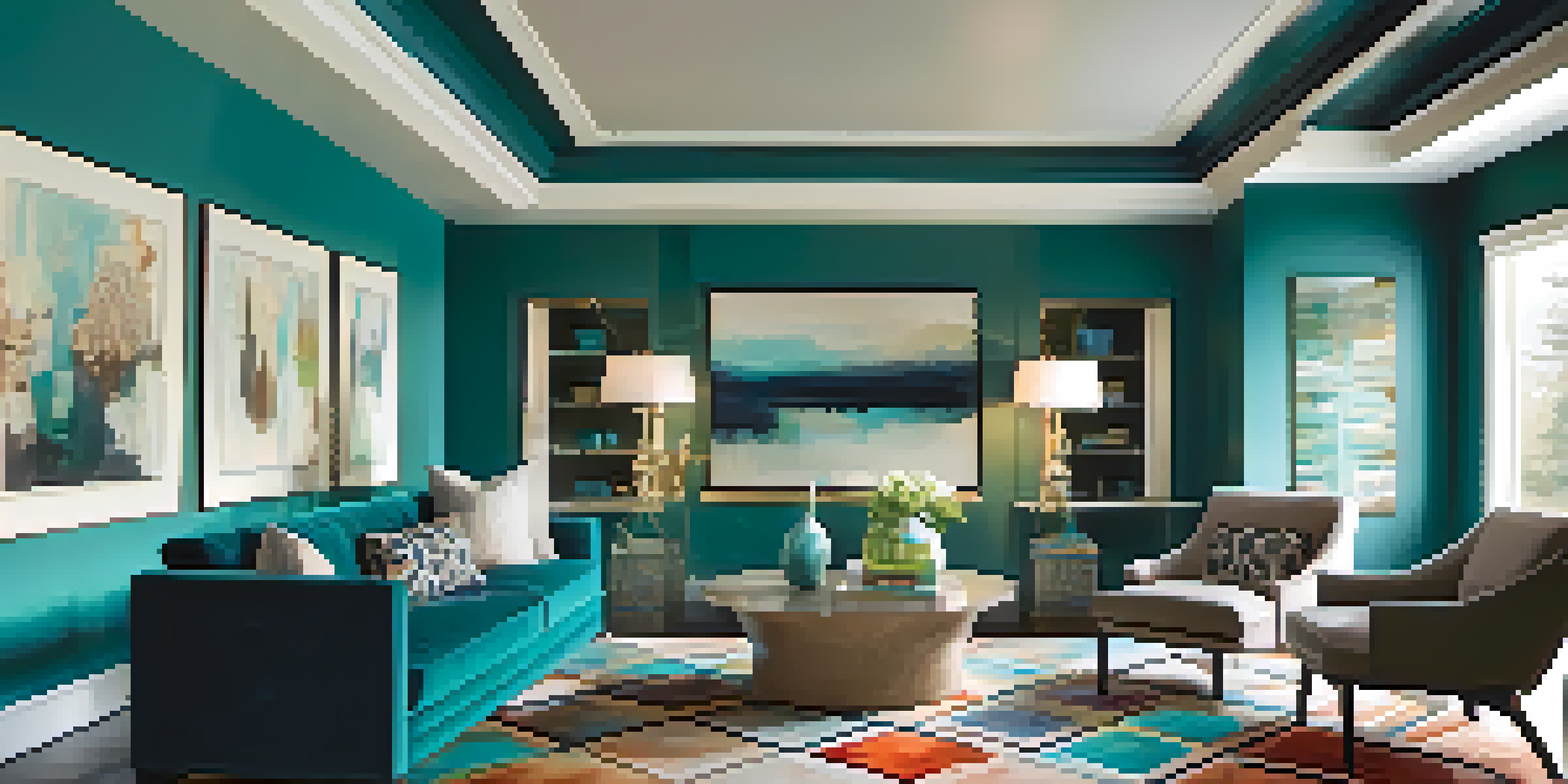 A modern living room with a vibrant teal statement ceiling and beige walls, showcasing stylish furniture and natural light.