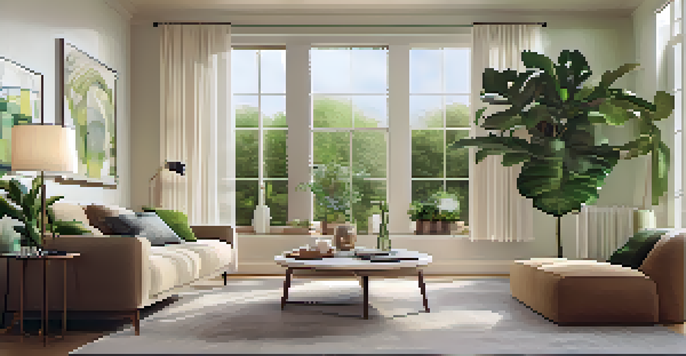 A cozy living room with a tablet showing a Home Energy Management System, smart devices, and large windows.