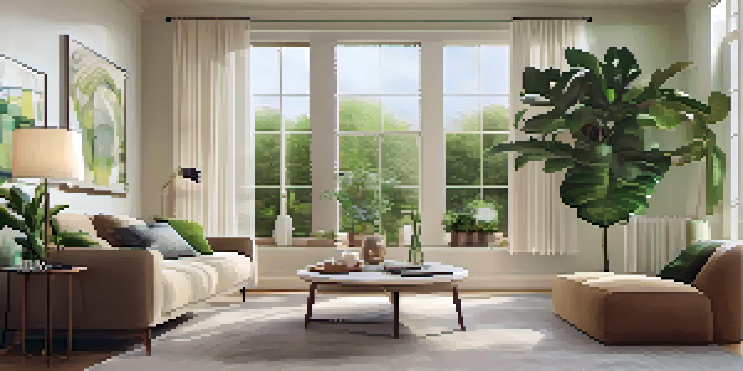 A cozy living room with a tablet showing a Home Energy Management System, smart devices, and large windows.