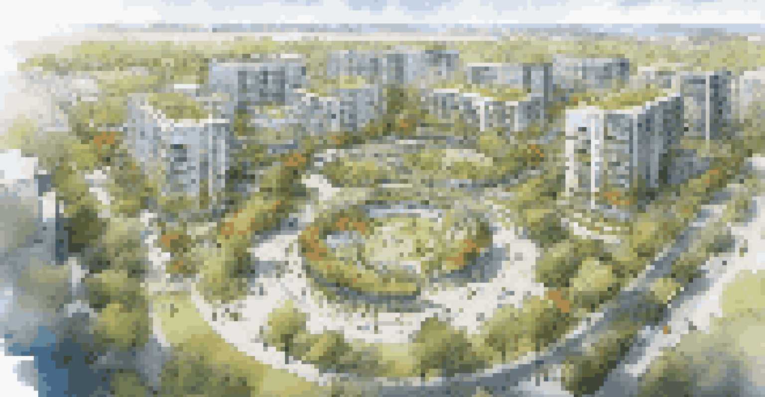 An aerial view of a mixed-use development with parks, buildings, and smart transport hubs.