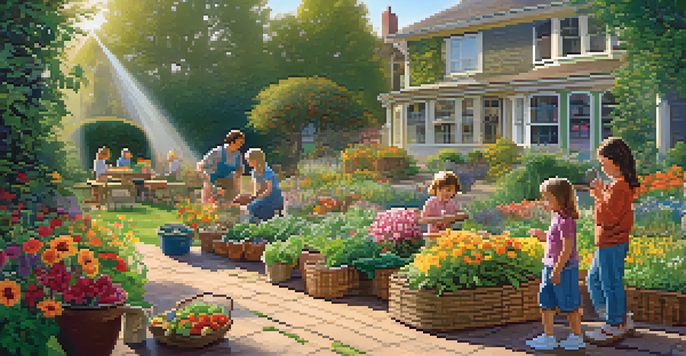 A family gardening together, with children watering plants and a parent planting seeds in a colorful garden filled with flowers and vegetables under warm sunlight.