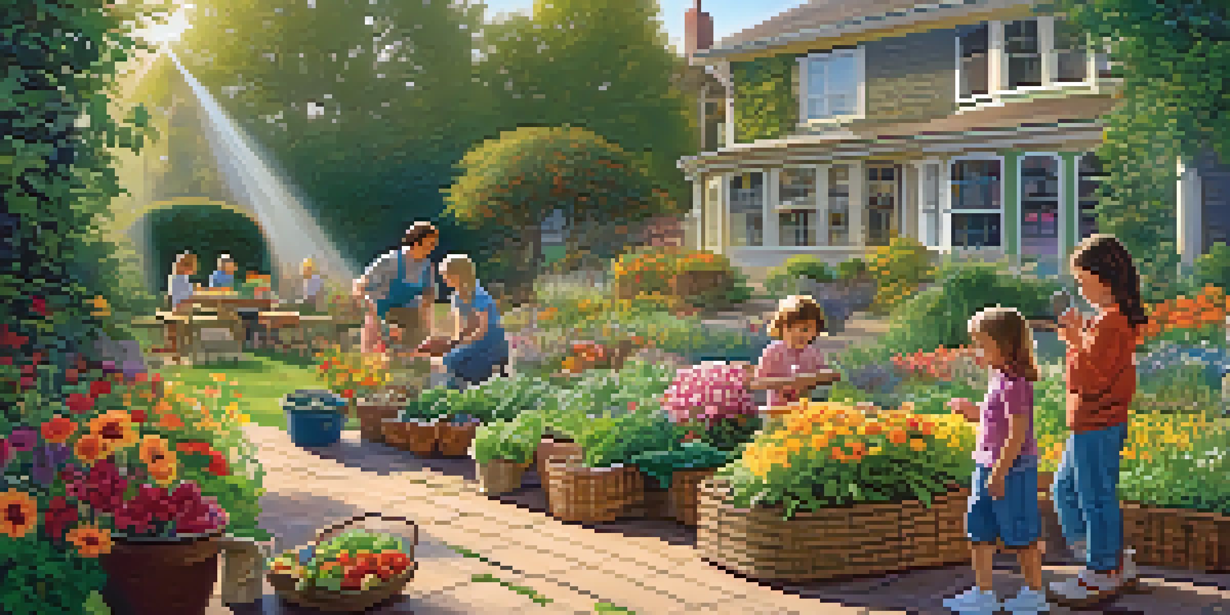 A family gardening together, with children watering plants and a parent planting seeds in a colorful garden filled with flowers and vegetables under warm sunlight.