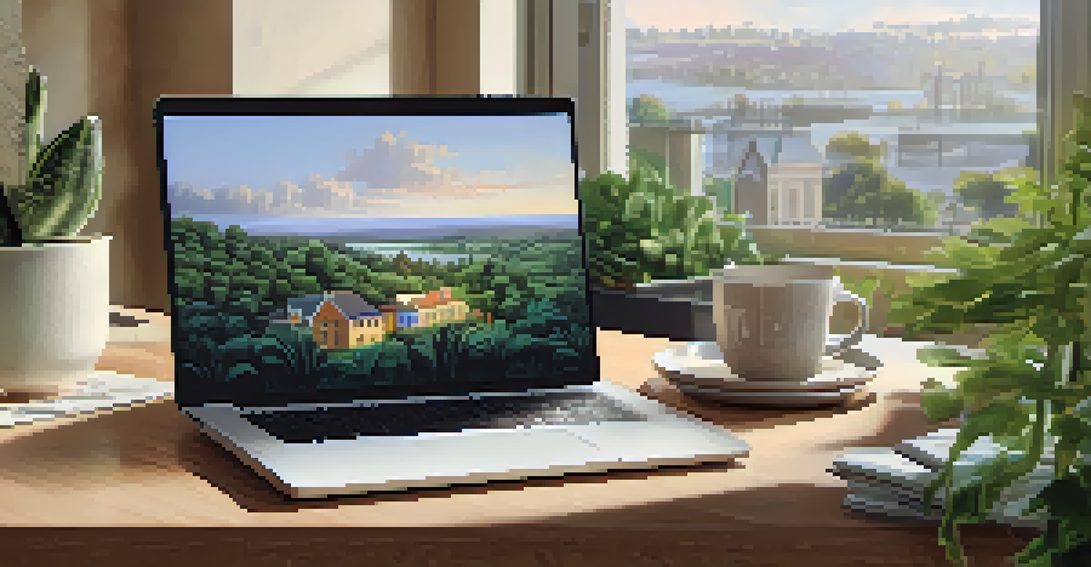 A family discussing real estate options with a laptop showing graphs on interest rates and sustainable housing in a warmly lit room.