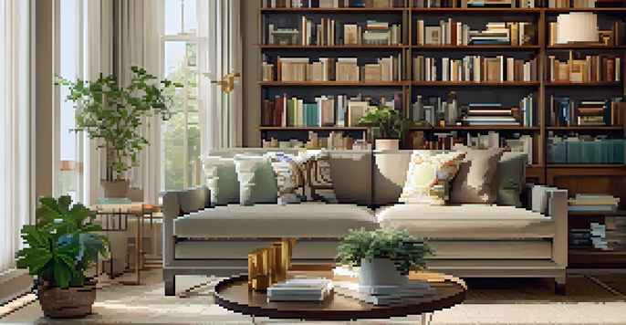 A cozy living room with tall bookshelves filled with books and plants, warmly lit, featuring a sofa and coffee table.