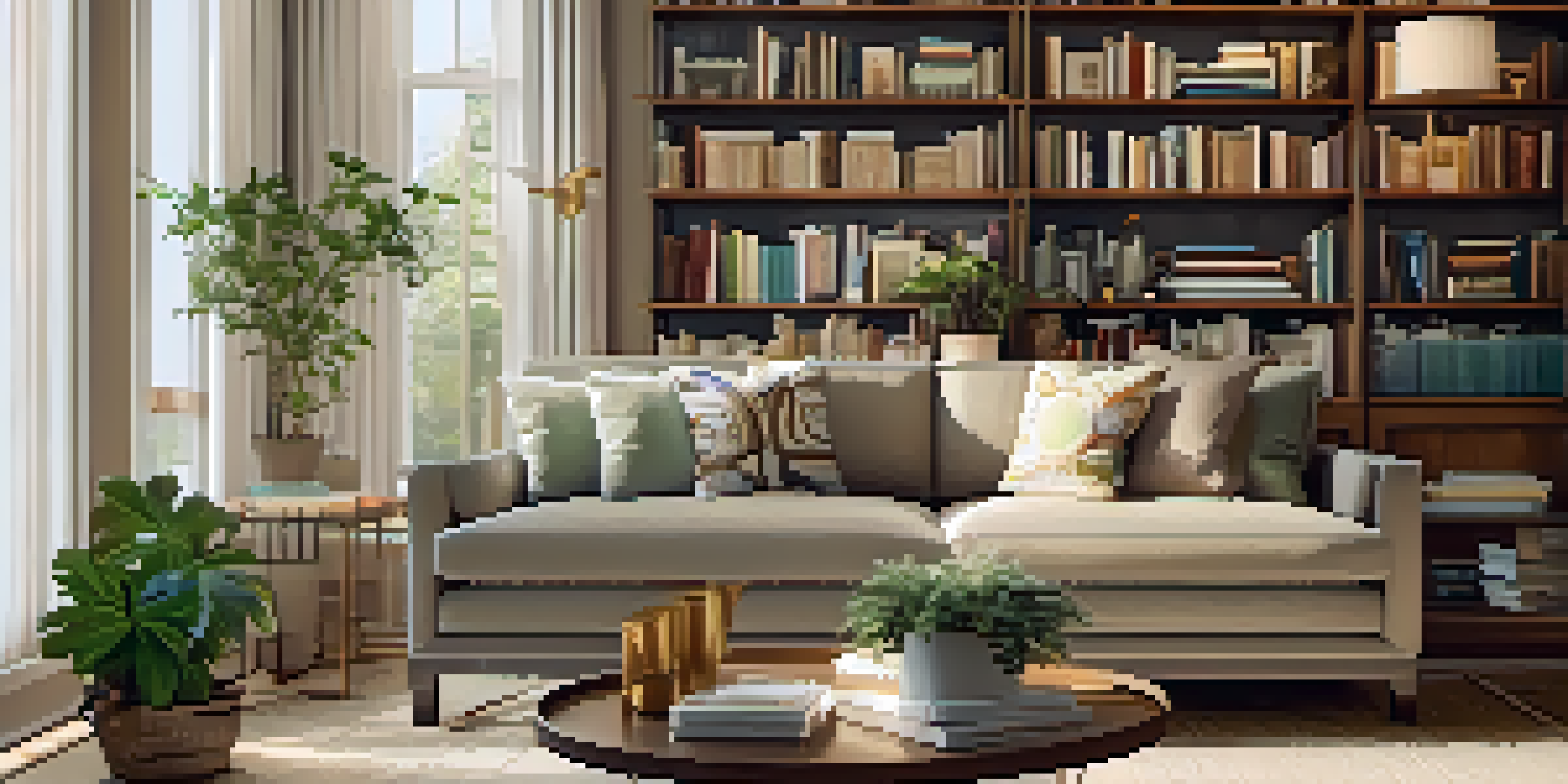 A cozy living room with tall bookshelves filled with books and plants, warmly lit, featuring a sofa and coffee table.