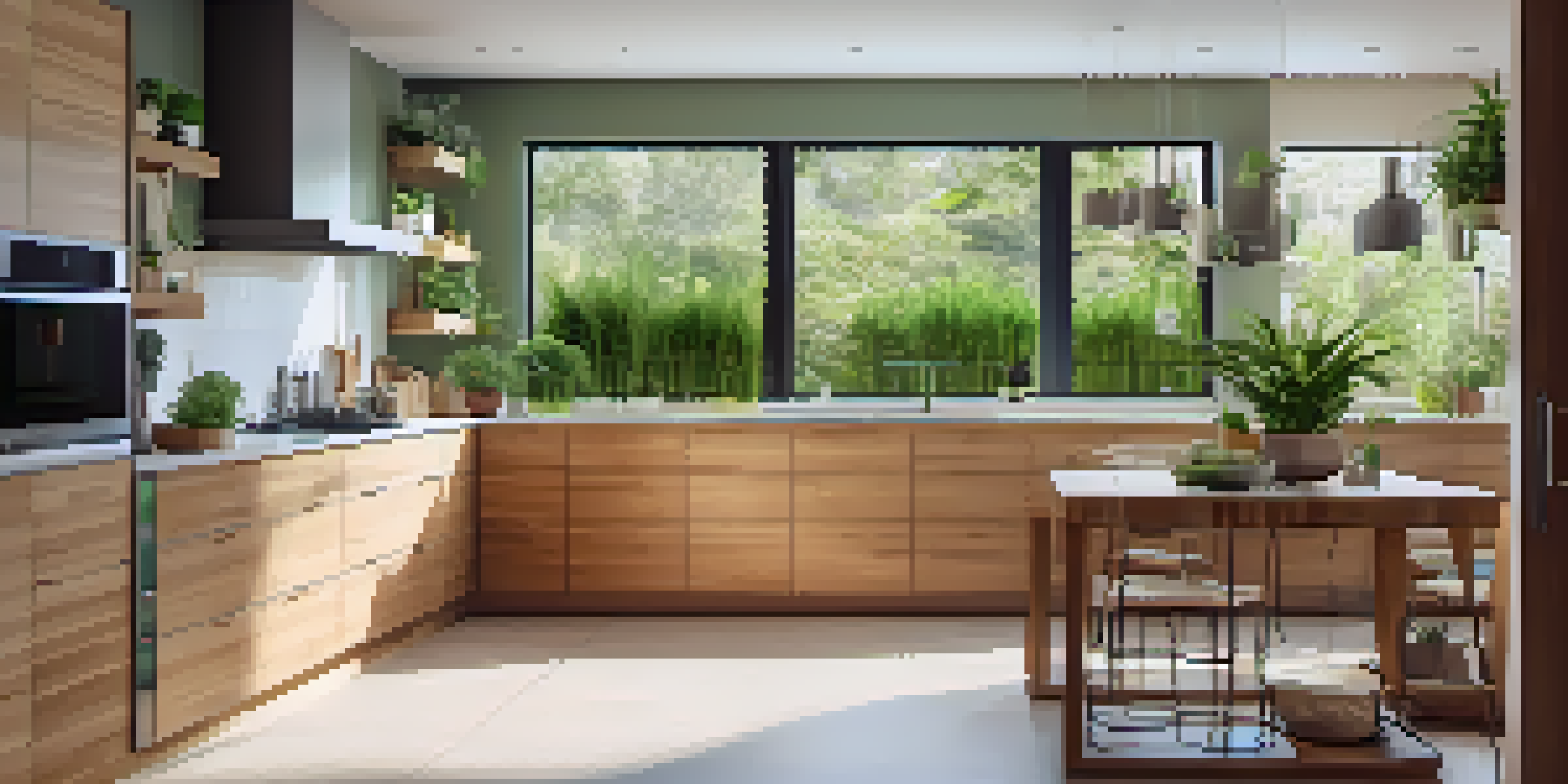 A bright modern kitchen with bamboo cabinets and energy-efficient appliances, illuminated by natural light from large windows.