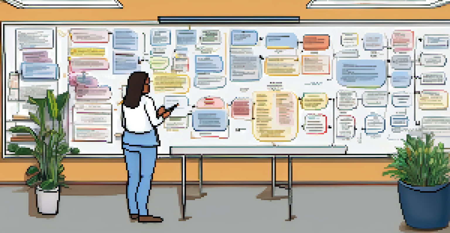 A colorful flowchart on a whiteboard in an office, with two professionals engaged in discussion.