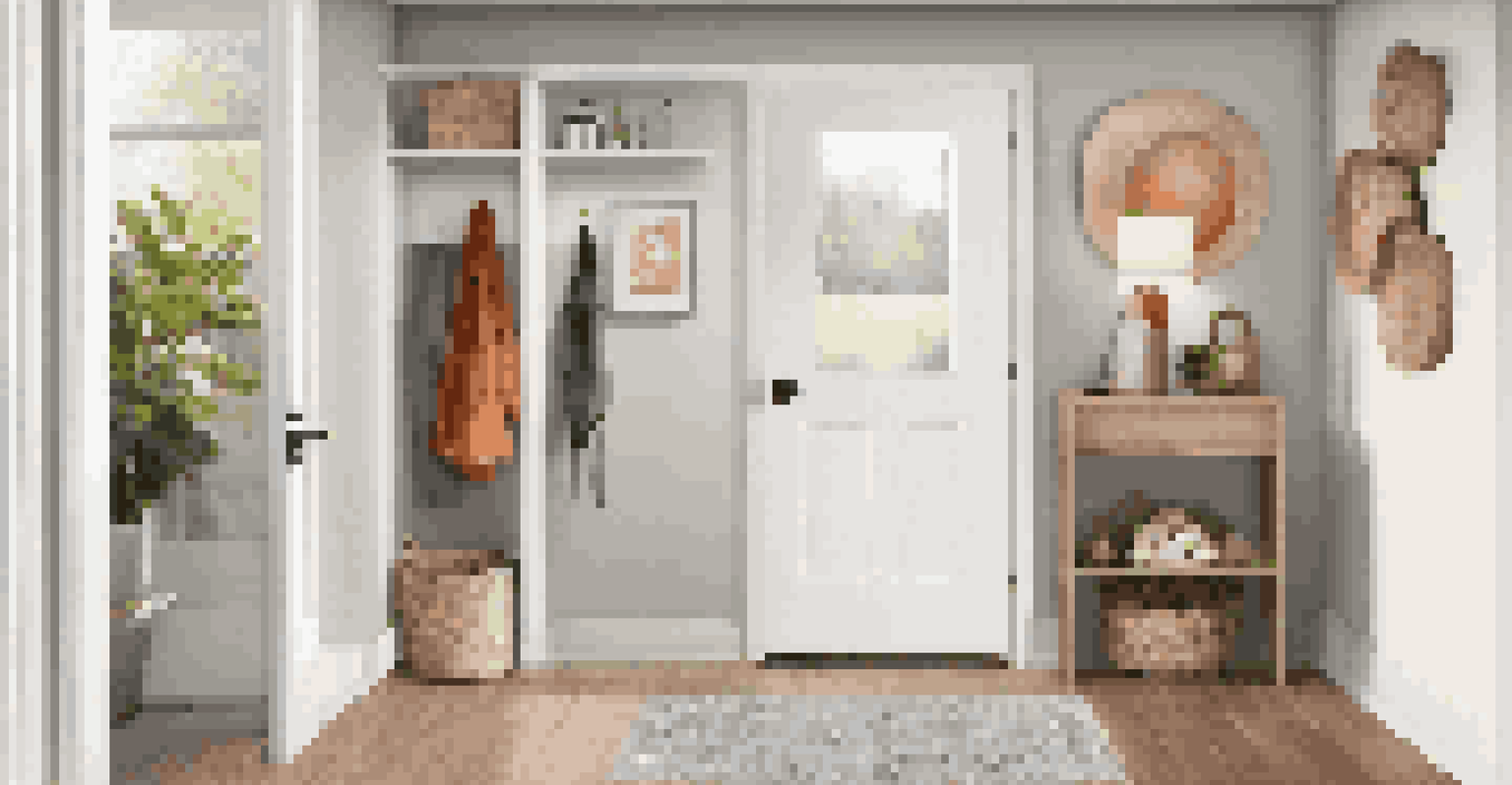 A modern entryway with low-VOC finishes, sustainable storage, and colorful artwork, illuminated by soft natural light.