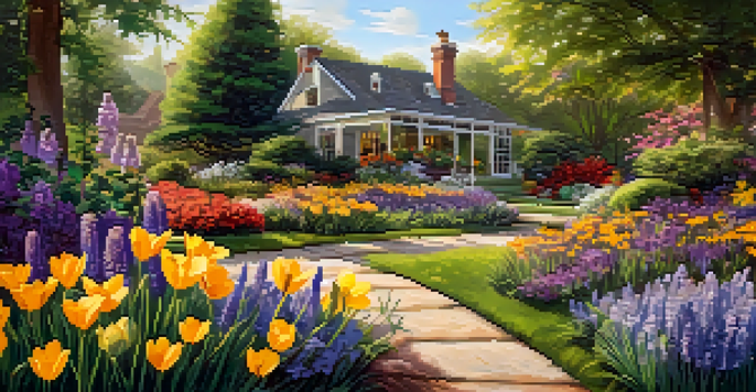 A colorful garden full of blooming perennial flowers with bees and butterflies in warm sunlight.