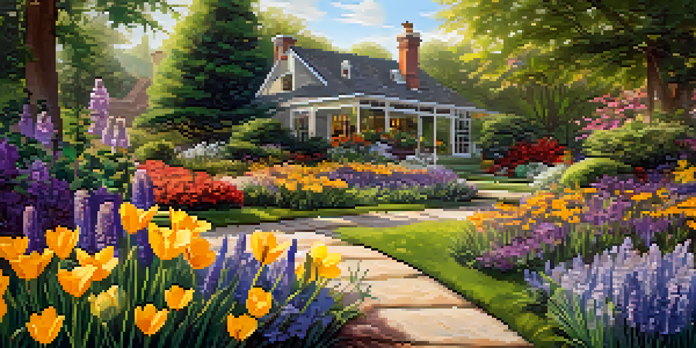 A colorful garden full of blooming perennial flowers with bees and butterflies in warm sunlight.