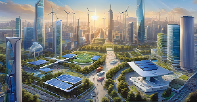 A vibrant smart city filled with technology, electric vehicles, and green spaces, showcasing modern skyscrapers and sustainable energy solutions.