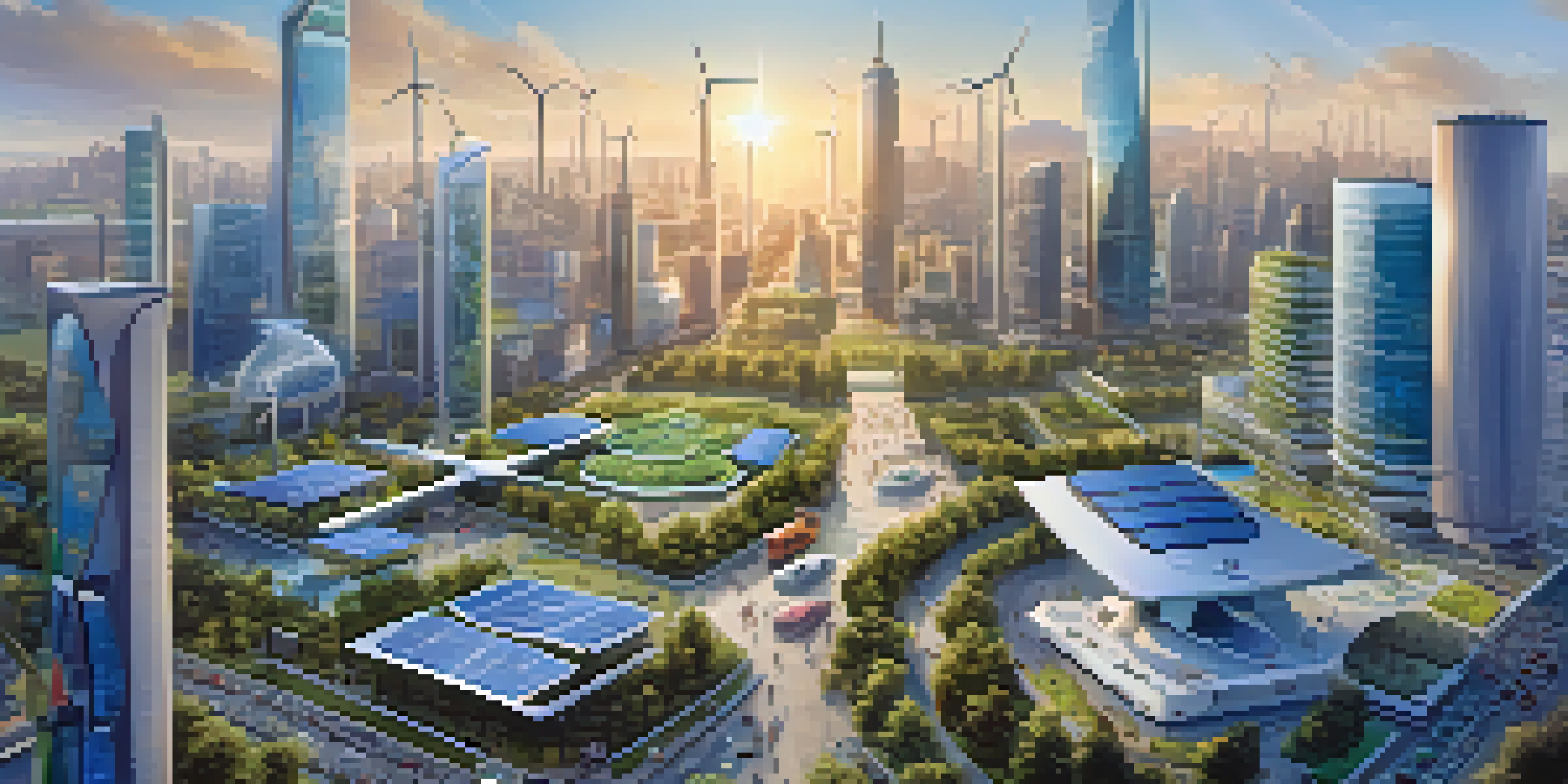 A vibrant smart city filled with technology, electric vehicles, and green spaces, showcasing modern skyscrapers and sustainable energy solutions.