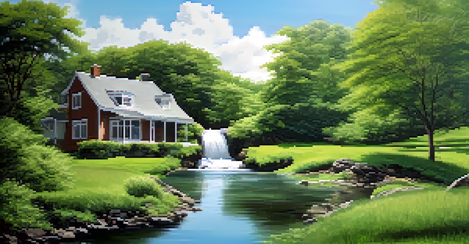 A peaceful house surrounded by green trees and a flowing stream under a blue sky, representing safety after a disaster.