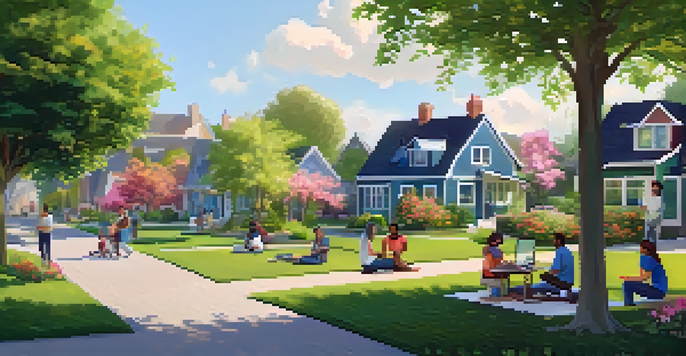 A diverse group of remote workers in a suburban park, using laptops and enjoying the sunny outdoors.