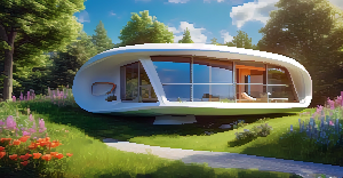 A 3D printed house designed with an organic shape, surrounded by greenery and solar panels under a clear blue sky.