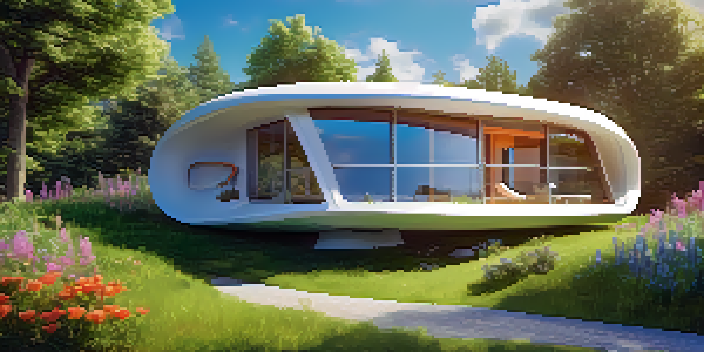 A 3D printed house designed with an organic shape, surrounded by greenery and solar panels under a clear blue sky.