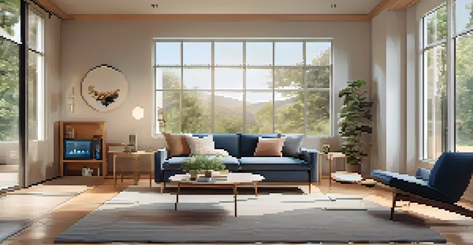 A cozy modern living room showcasing smart home technologies, including a thermostat, smart lights, and a voice assistant.