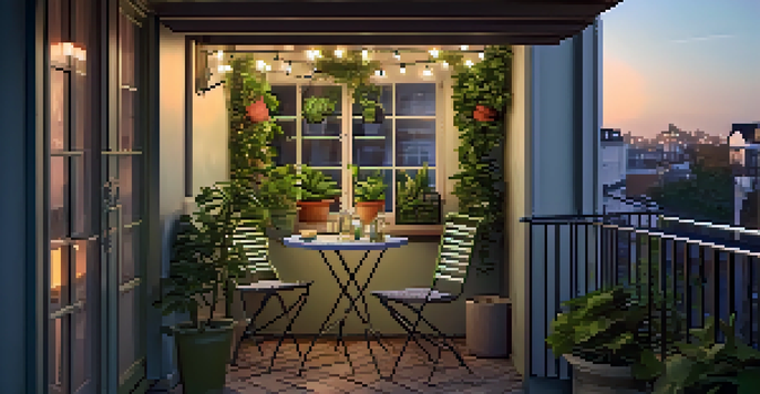 A small balcony with a bistro table and folding chairs, decorated with green plants and twinkling string lights in warm evening light.