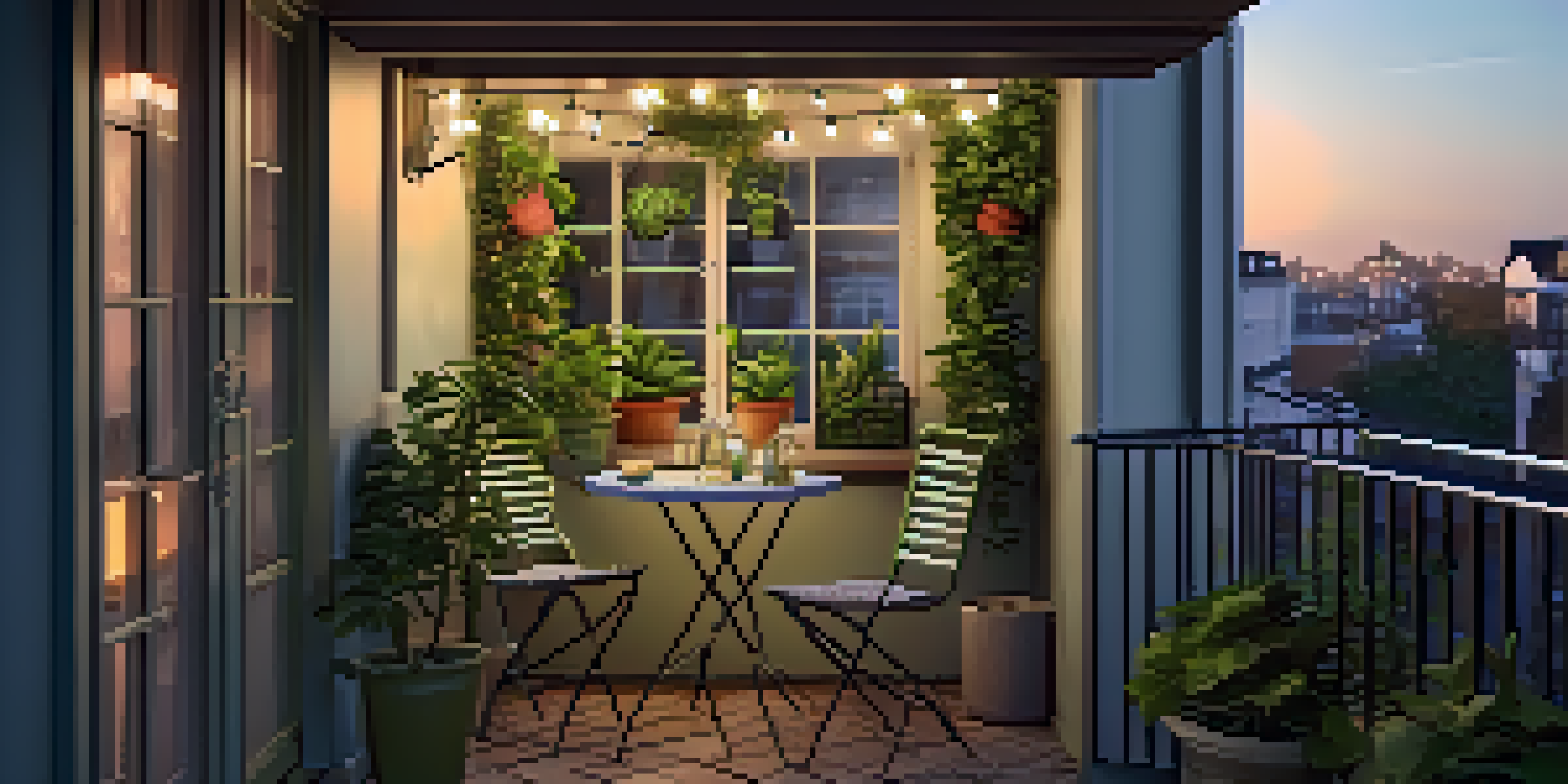 A small balcony with a bistro table and folding chairs, decorated with green plants and twinkling string lights in warm evening light.