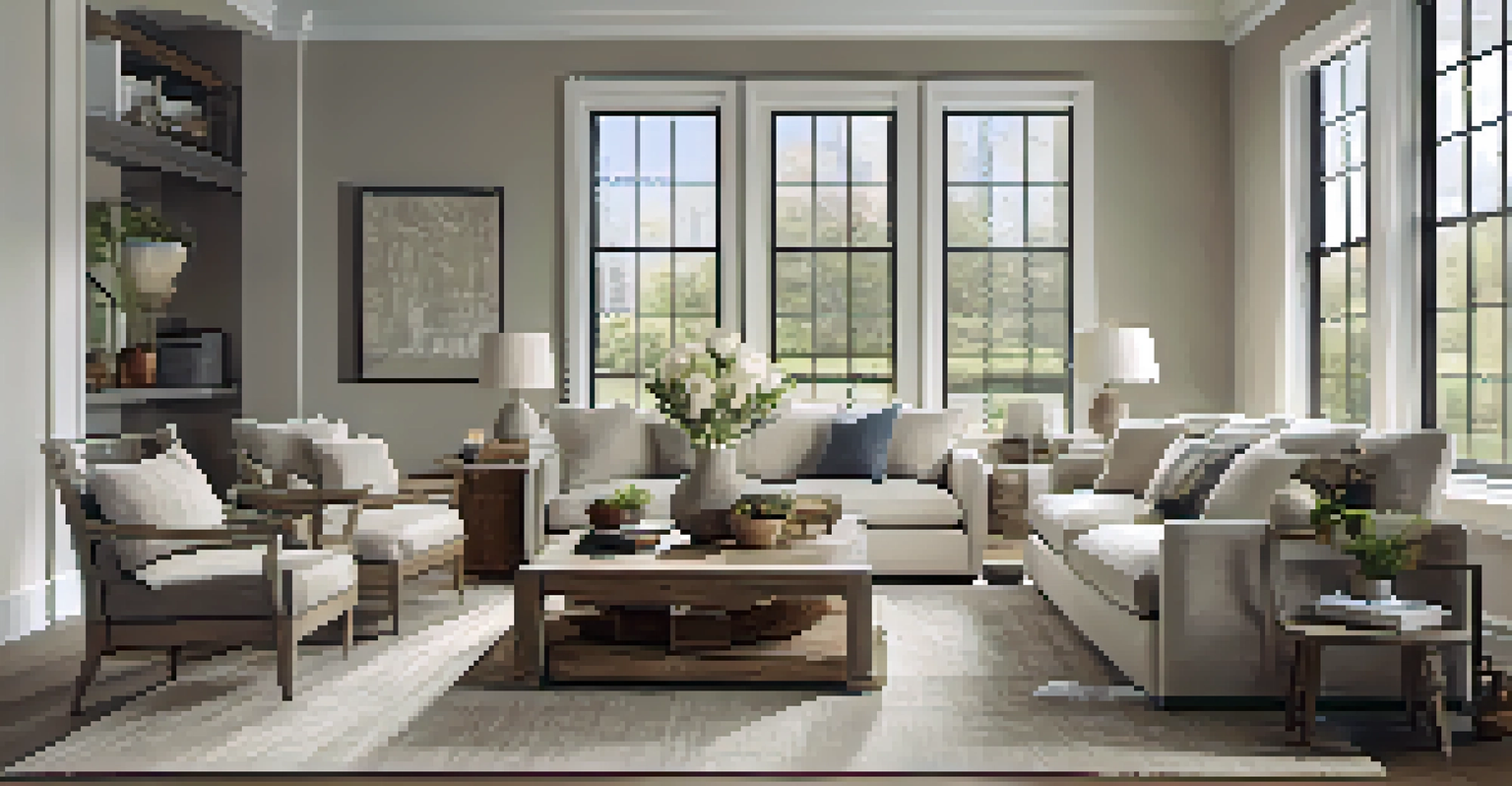 A cozy living room with neutral colors, a wooden coffee table, soft seating, and plenty of natural light.