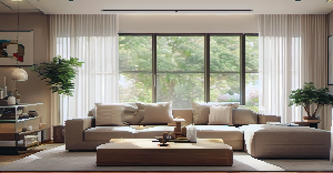 A warm and inviting living room with LED lights, a sofa, a coffee table, and a large window.