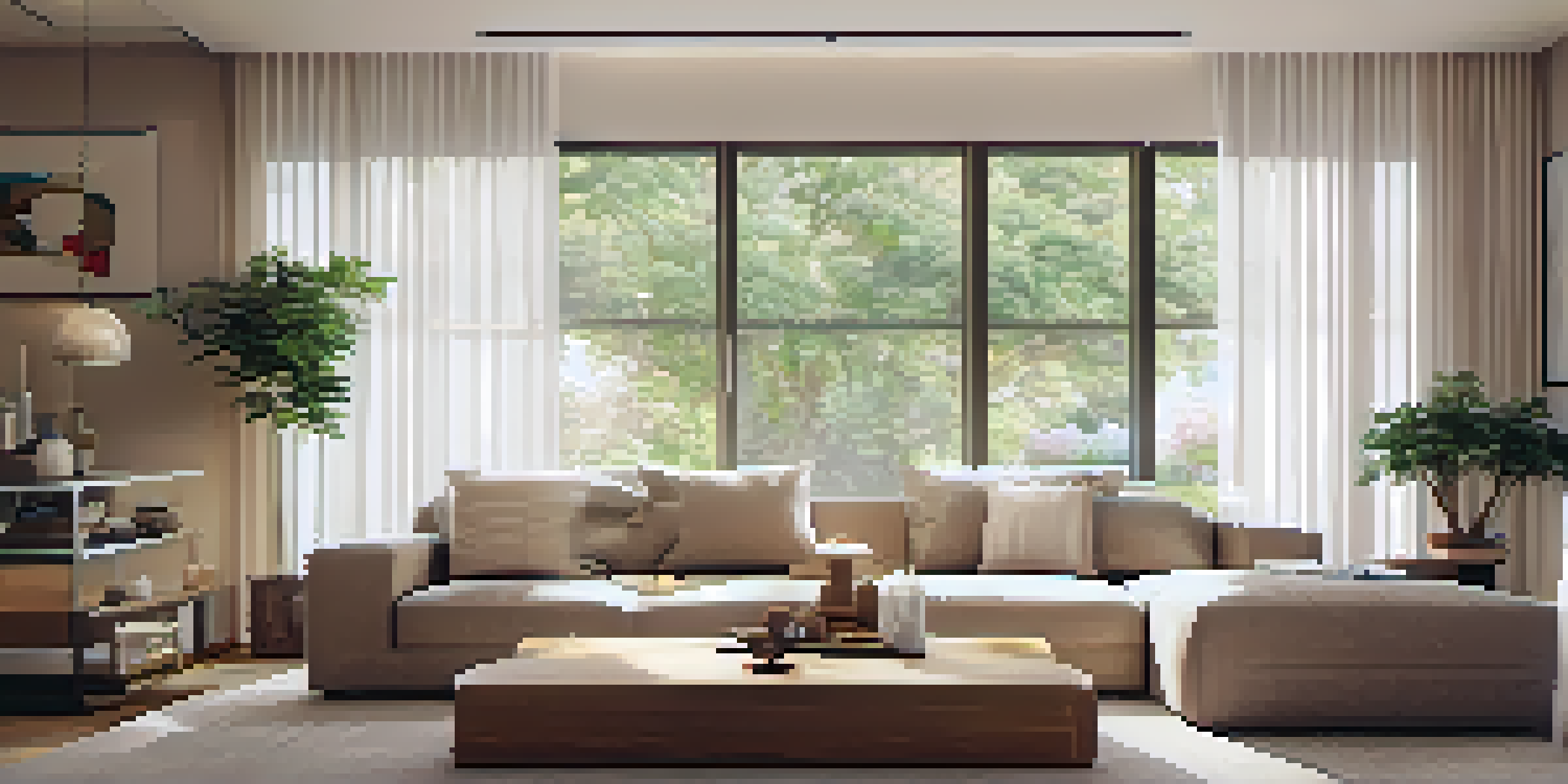 A warm and inviting living room with LED lights, a sofa, a coffee table, and a large window.