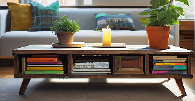 An upcycled wooden coffee table from a pallet in a cozy living room, decorated with a plant and books, illuminated by natural light.
