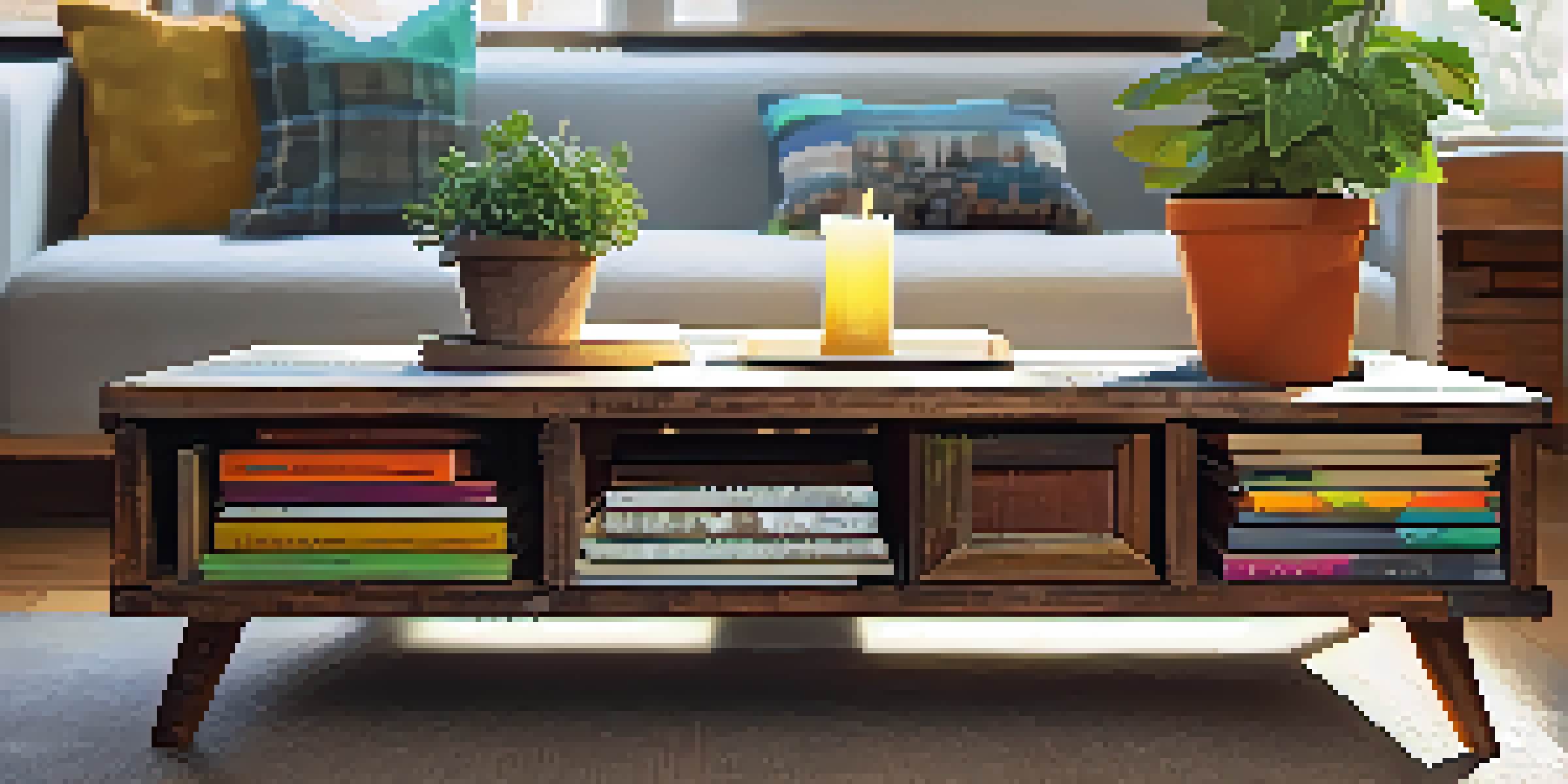 An upcycled wooden coffee table from a pallet in a cozy living room, decorated with a plant and books, illuminated by natural light.