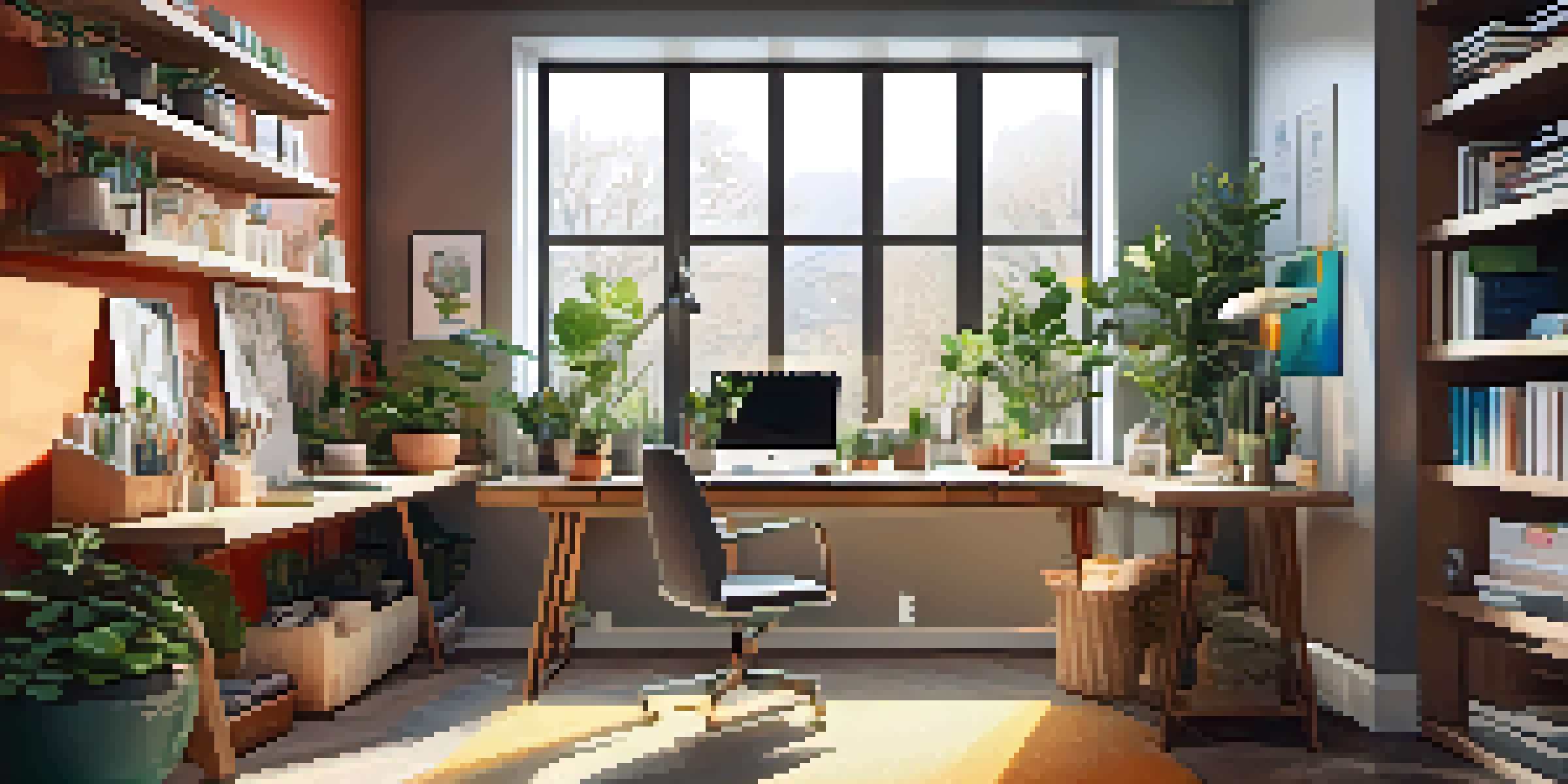 A cozy home office with a wooden desk, ergonomic chair, and plants, illuminated by natural light from a window.