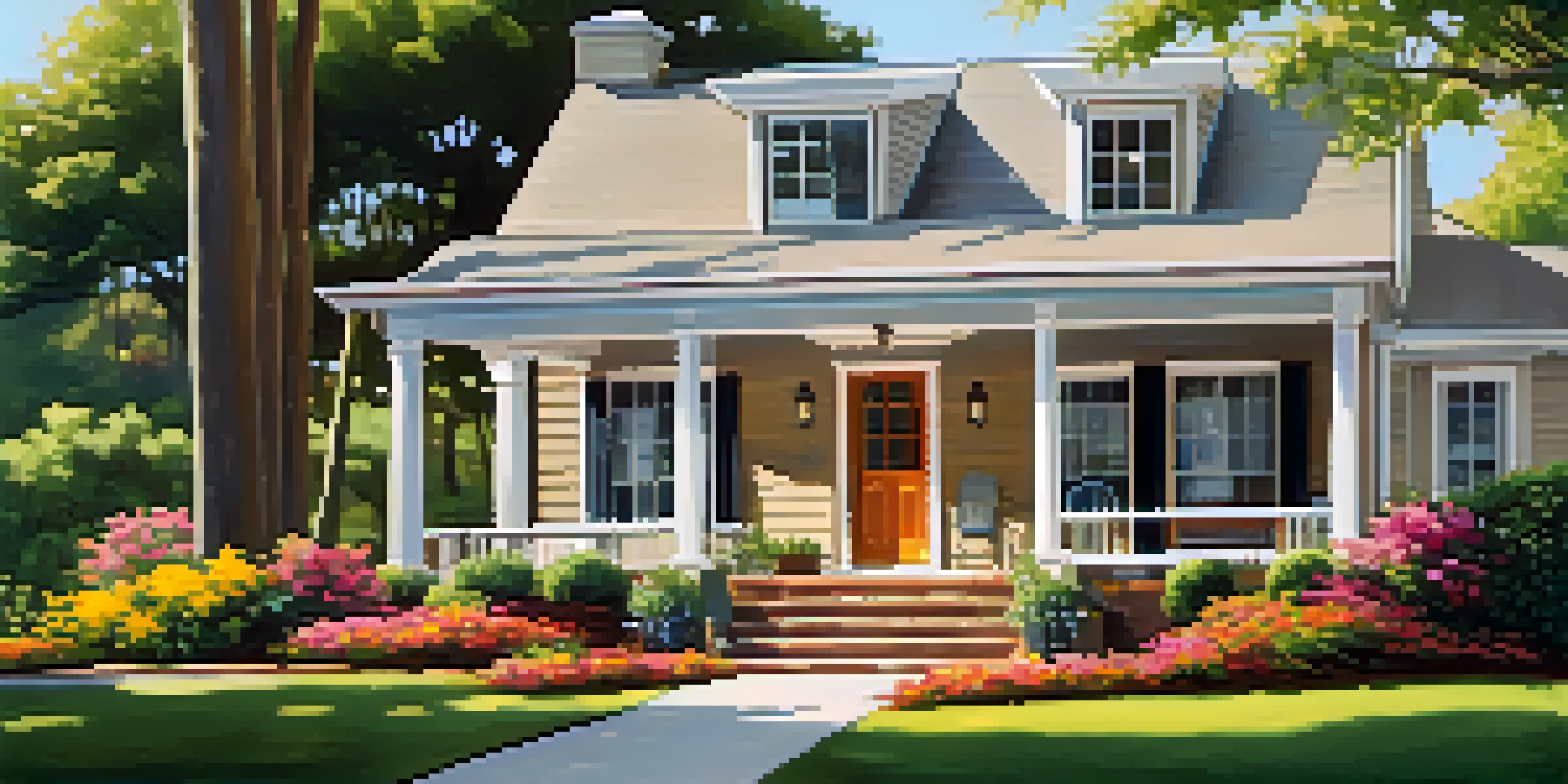 A peaceful rental property with a garden filled with colorful flowers, featuring a porch with seating under soft afternoon sunlight.