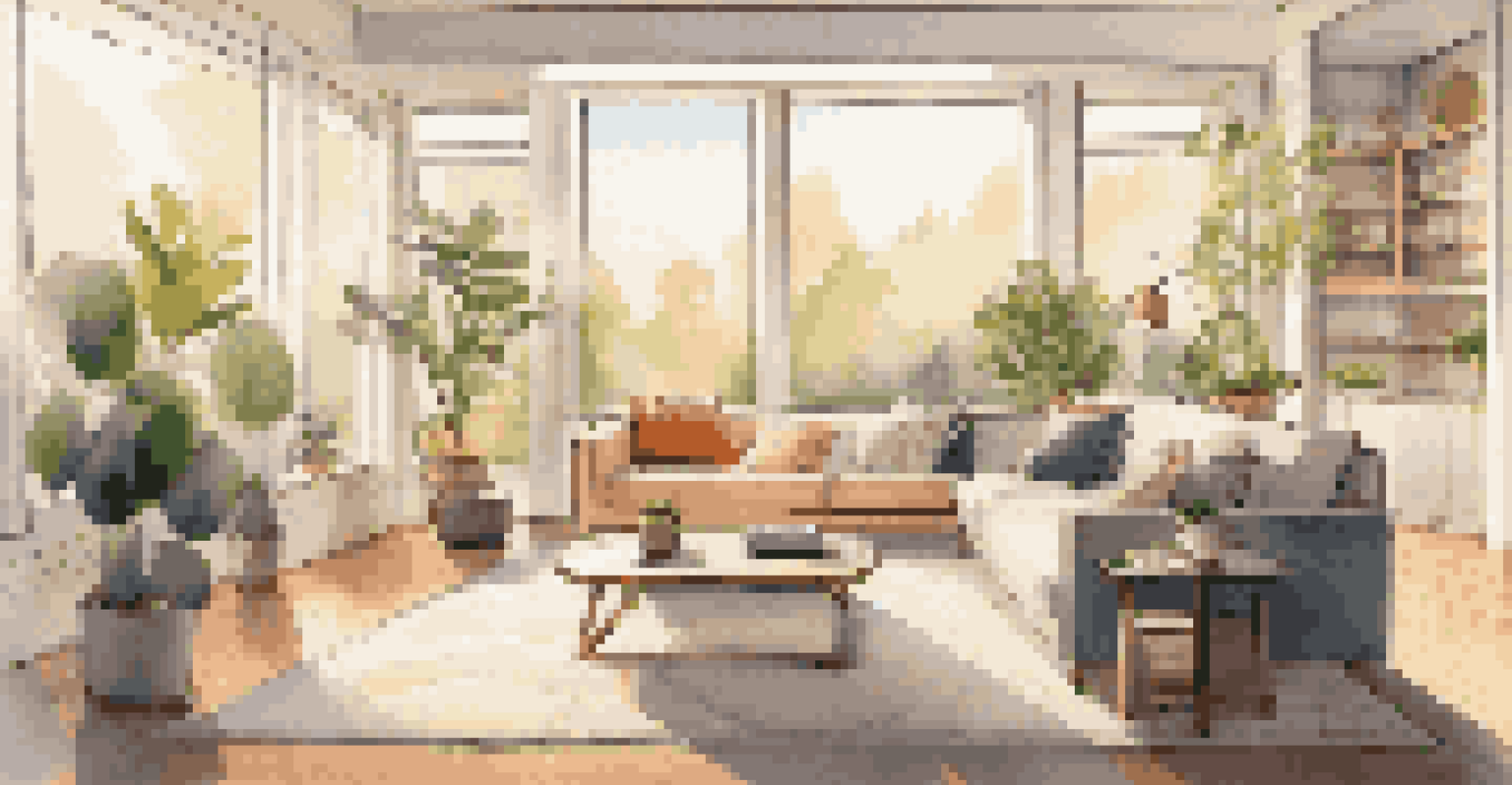 A modern living room with smart home devices, warm lighting, and stylish decor.