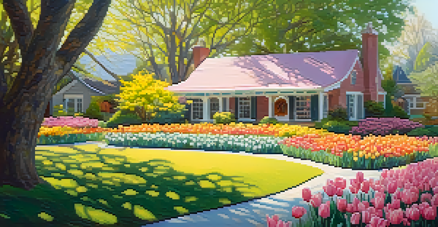 A vibrant spring garden bursting with colorful tulips and sunlight.