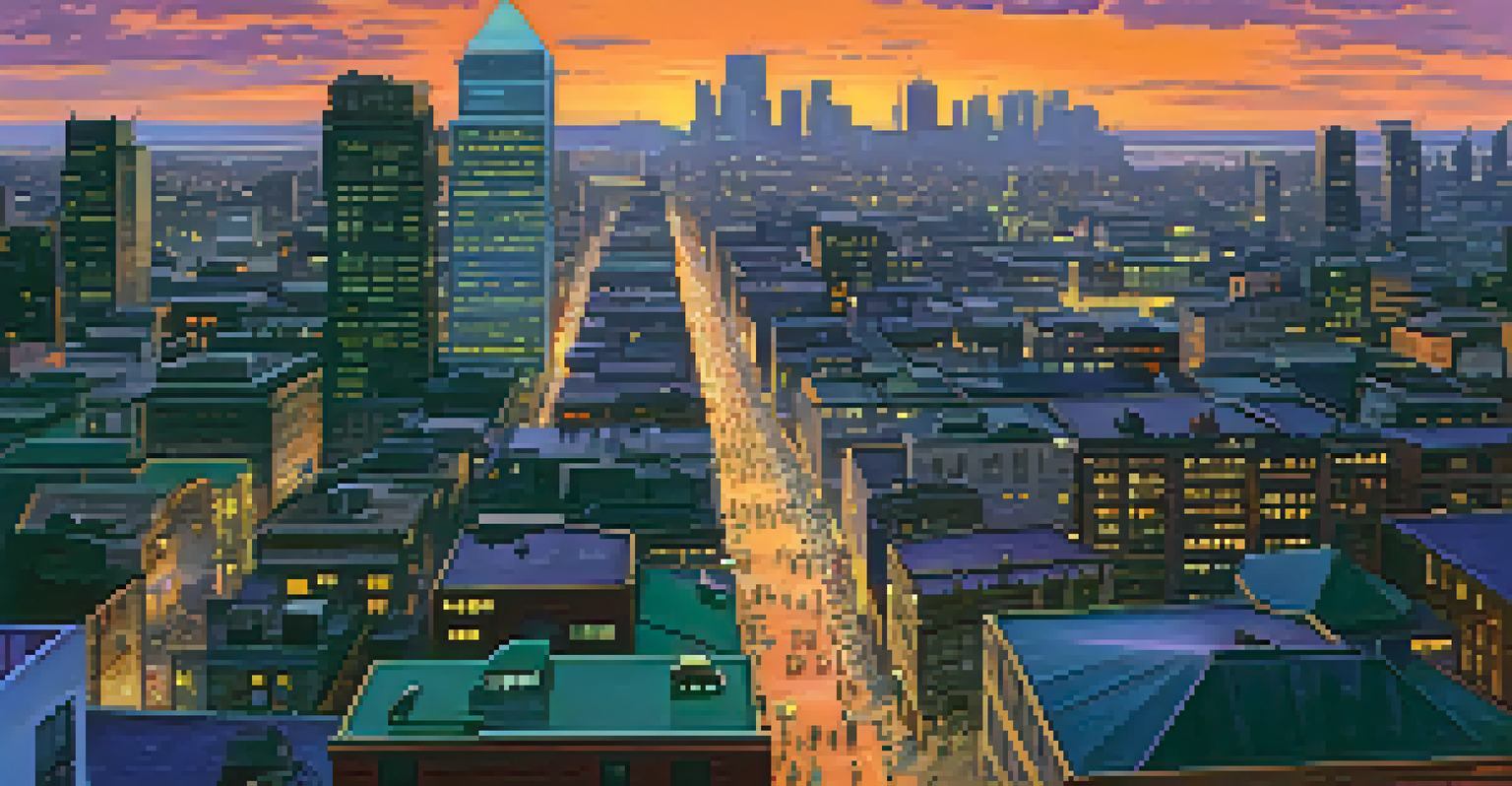 A cityscape at sunset with skyscrapers and busy streets, showcasing vibrant colors in the sky.