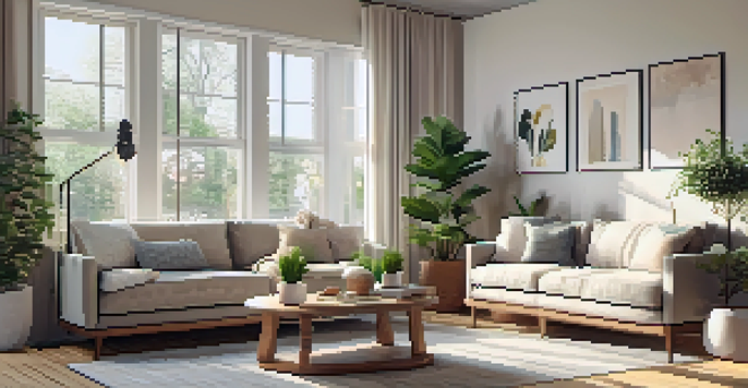 A bright and inviting living room with natural light, soft colors, and cozy furniture, symbolizing emotional readiness for homeownership.