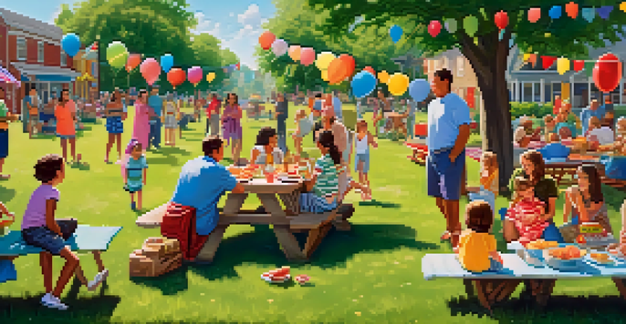A lively neighborhood gathering in a park with families enjoying a barbecue, children playing, and colorful decorations.