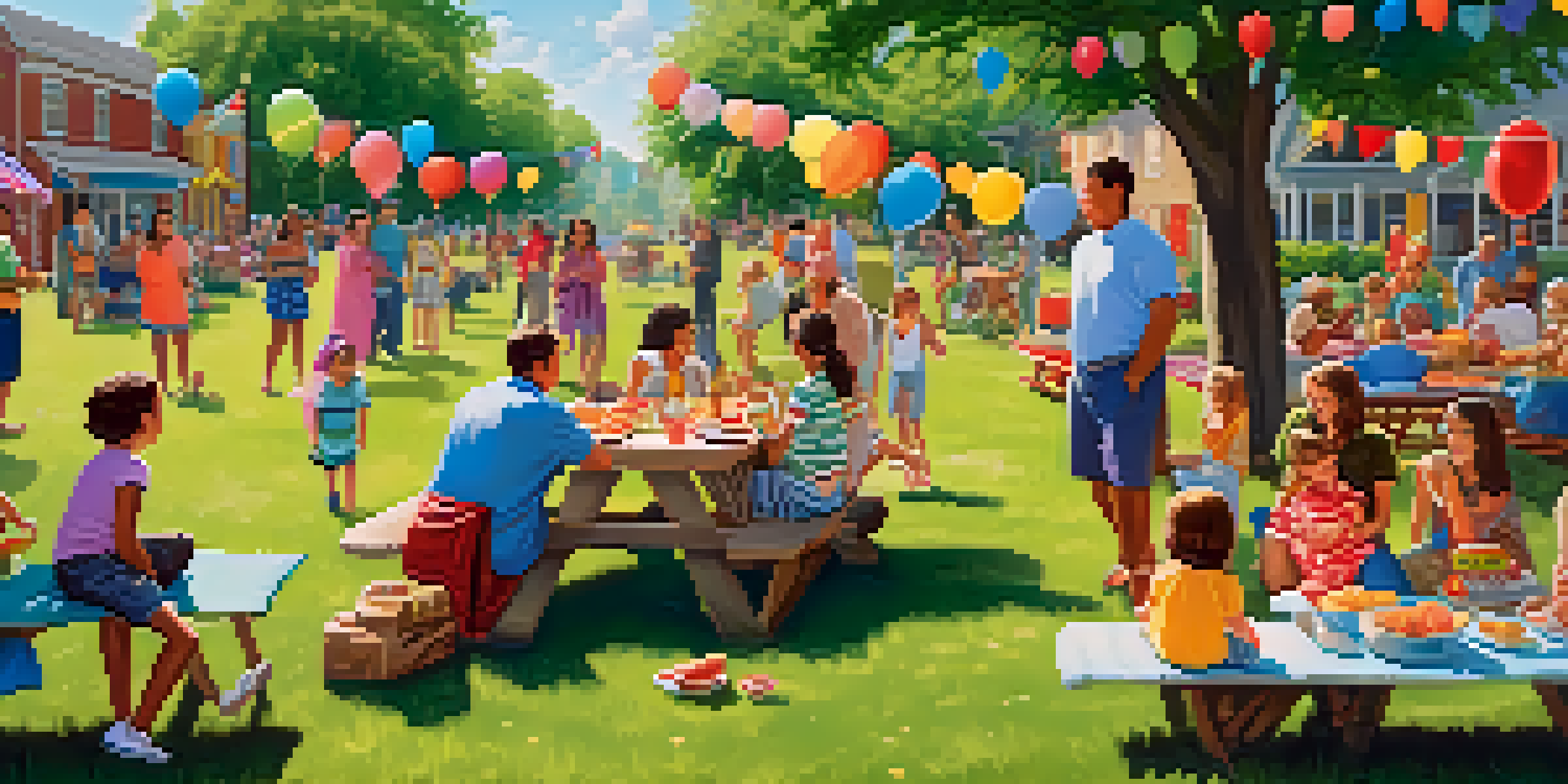 A lively neighborhood gathering in a park with families enjoying a barbecue, children playing, and colorful decorations.