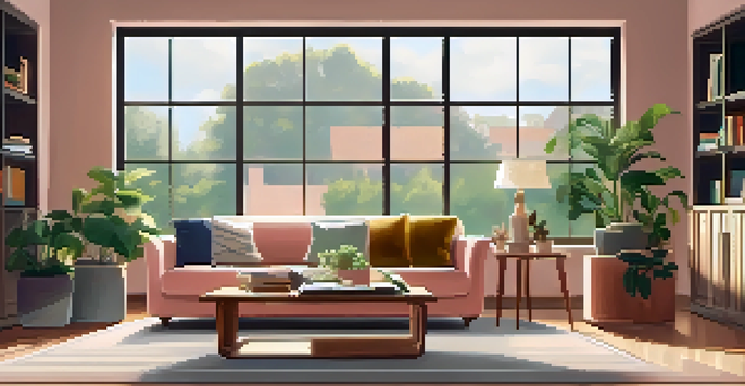 A modern living room with a sofa, coffee table, and plants, bathed in warm sunlight.