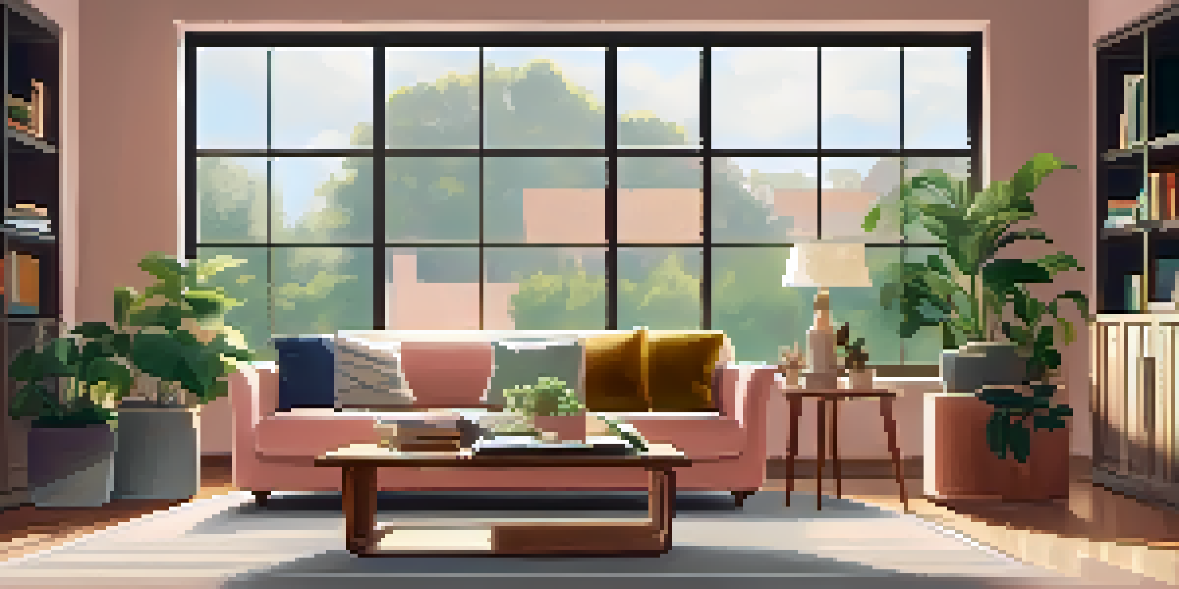A modern living room with a sofa, coffee table, and plants, bathed in warm sunlight.