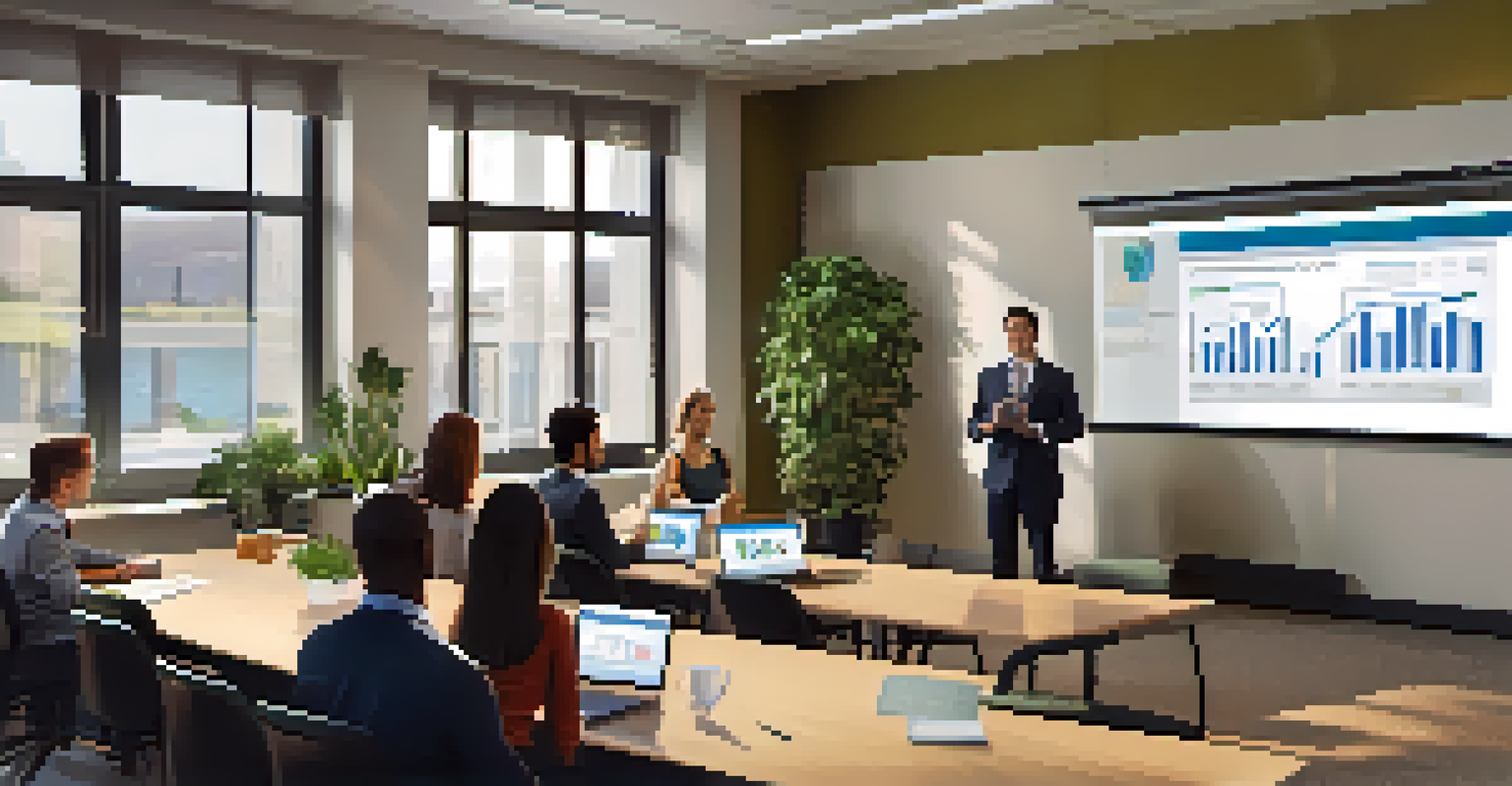 A team of property managers participating in a training session with laptops and a projector.