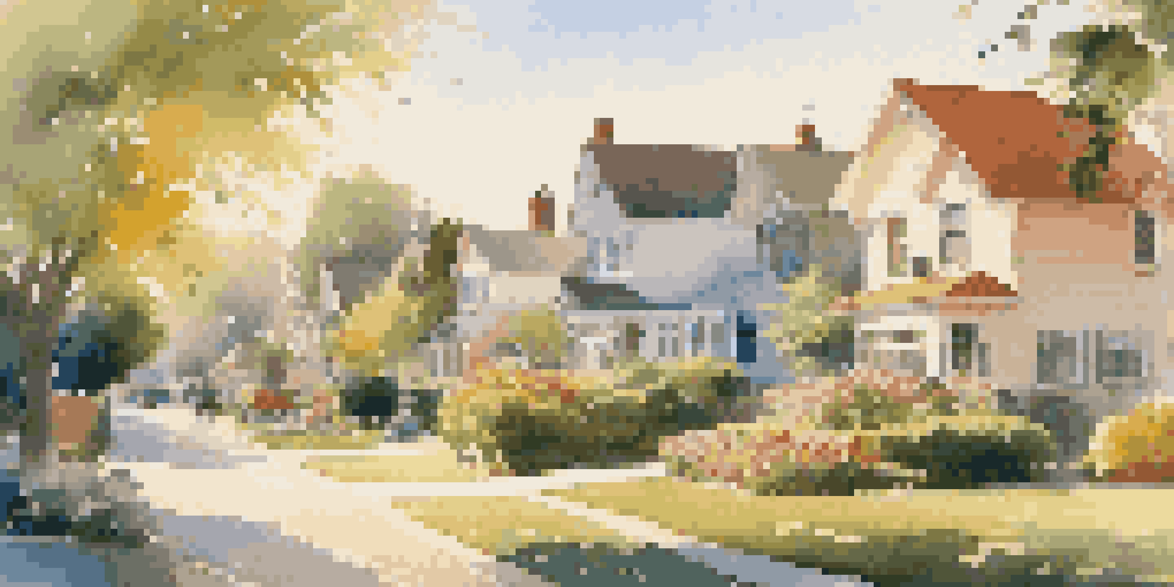 A peaceful suburban neighborhood with houses, gardens, and children playing during sunset.