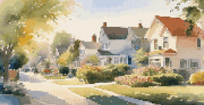 A peaceful suburban neighborhood with houses, gardens, and children playing during sunset.