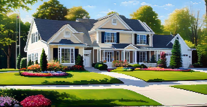 A beautiful suburban home with a neat lawn and blooming flowers under a clear blue sky, showcasing a clean driveway and a well-painted front door.
