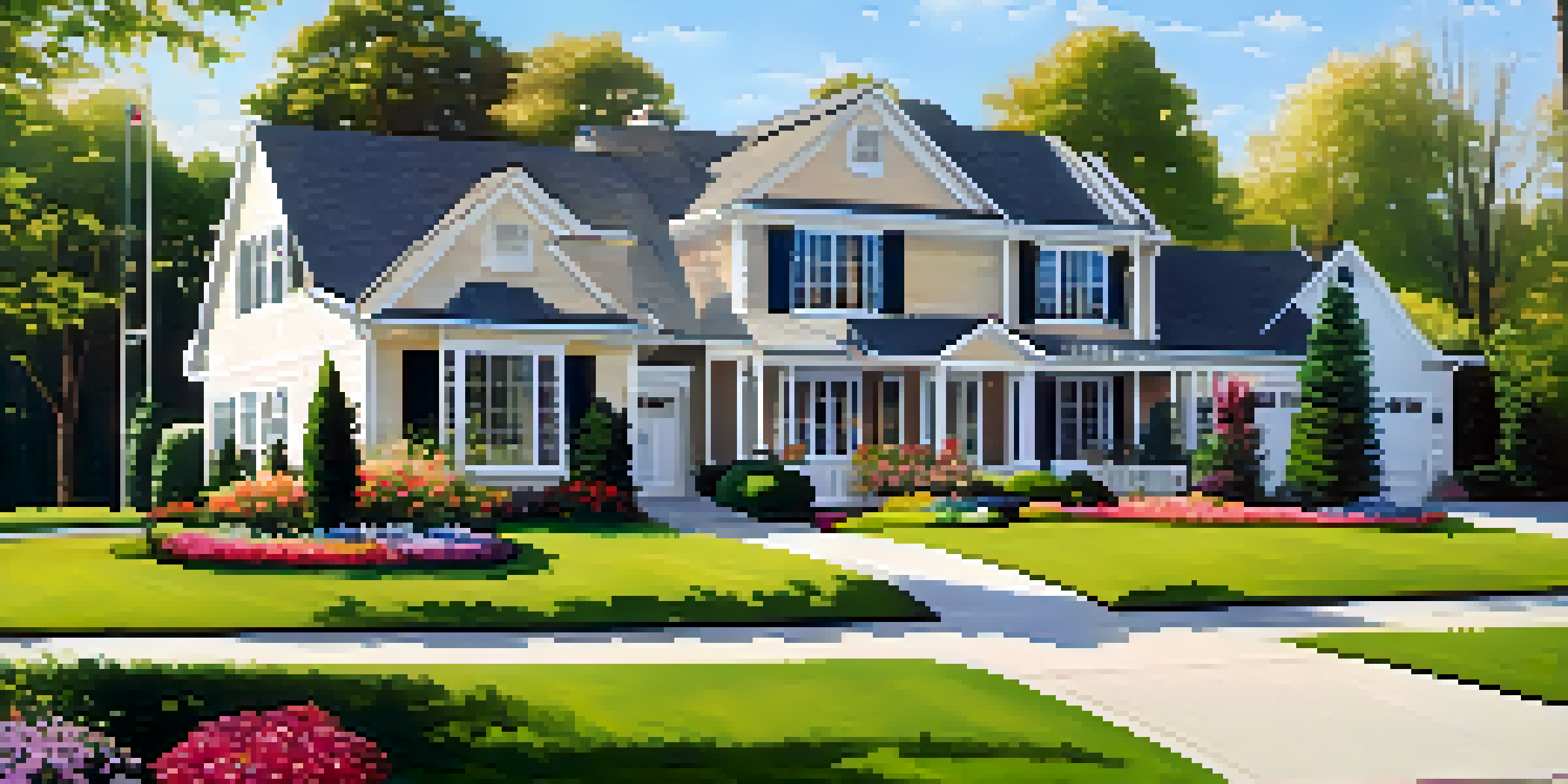 A beautiful suburban home with a neat lawn and blooming flowers under a clear blue sky, showcasing a clean driveway and a well-painted front door.