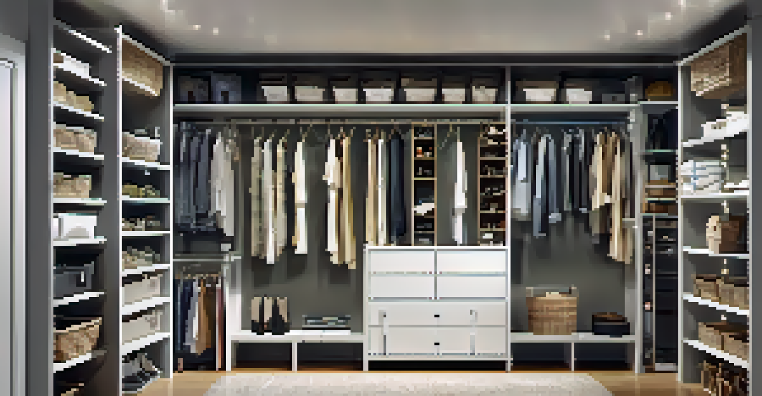 A well-organized closet with modular shelving, clear bins, and hooks, illuminated by soft ambient lighting.