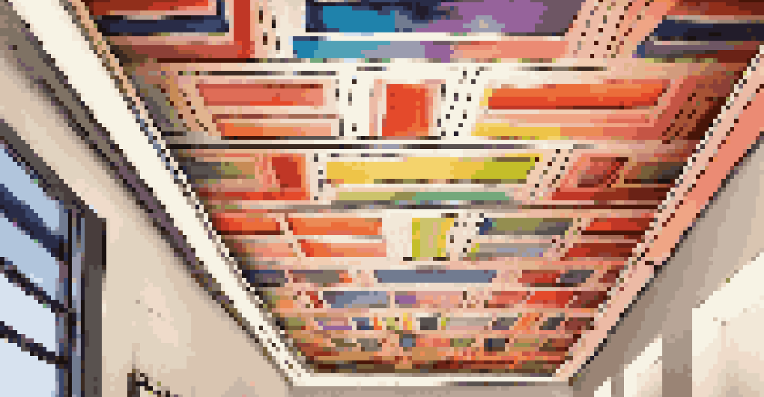 A ceiling with bold geometric patterns and LED strip lights, creating a vibrant atmosphere.