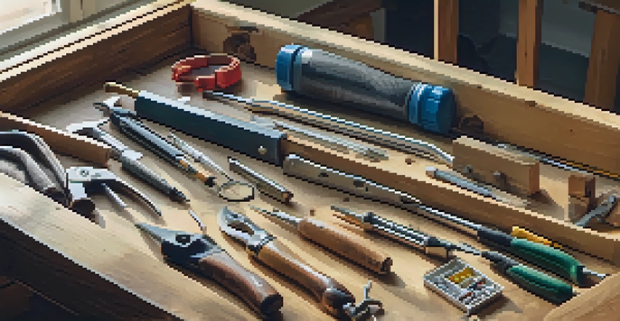 A neatly arranged DIY toolkit with hand tools on a wooden workbench, illuminated by soft natural light.