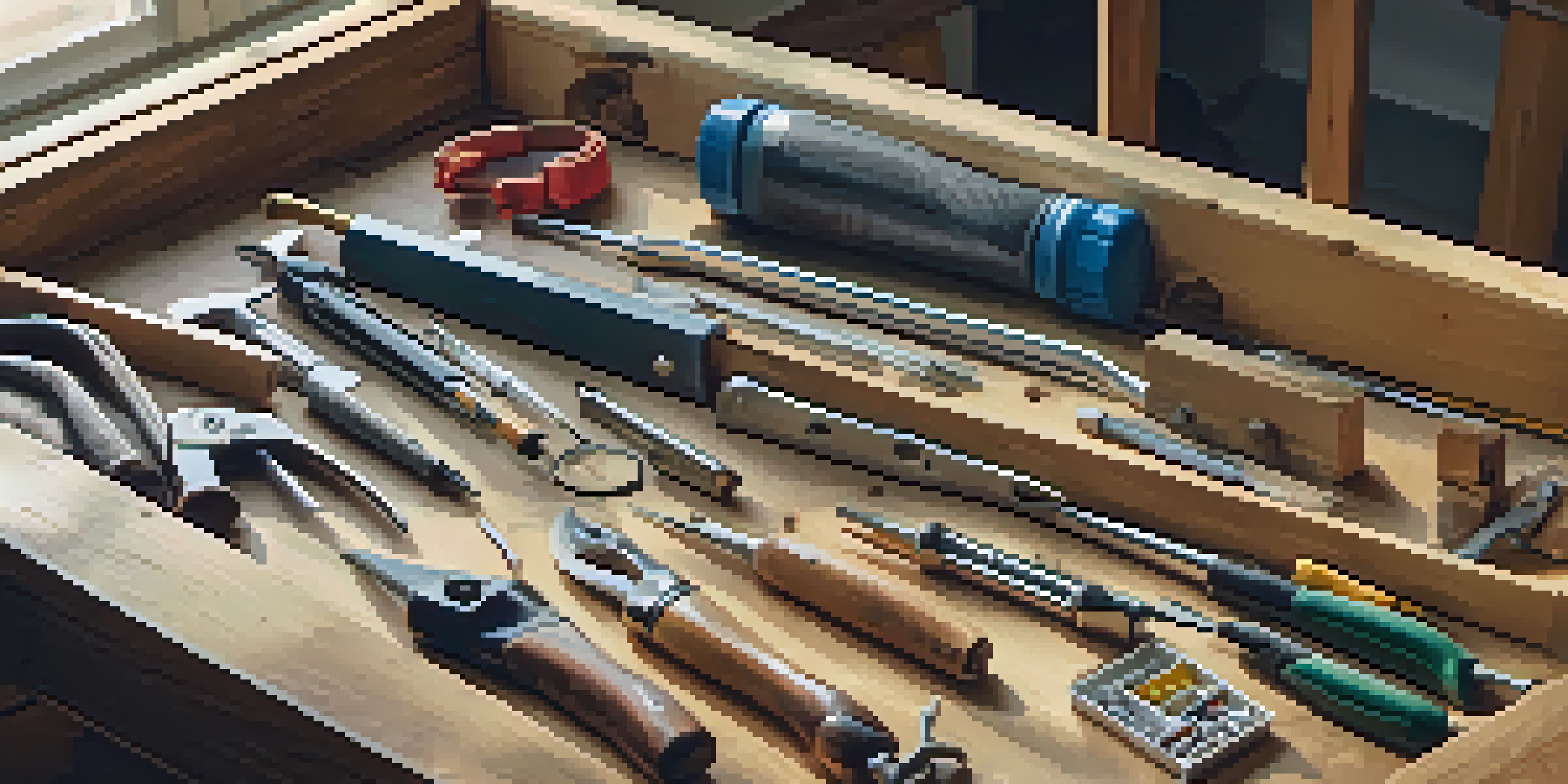 A neatly arranged DIY toolkit with hand tools on a wooden workbench, illuminated by soft natural light.