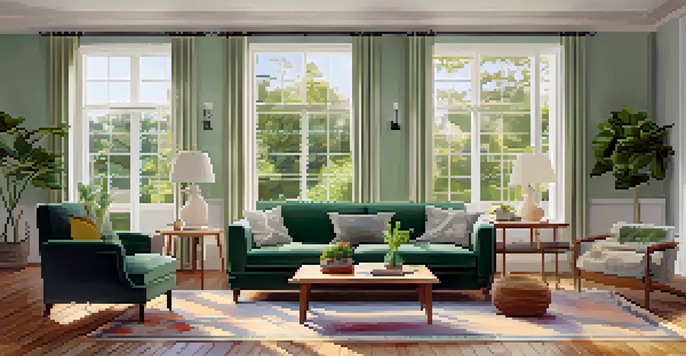A bright and inviting living room with a cozy sofa, large windows, and a view of a garden, decorated with plants and magazines.
